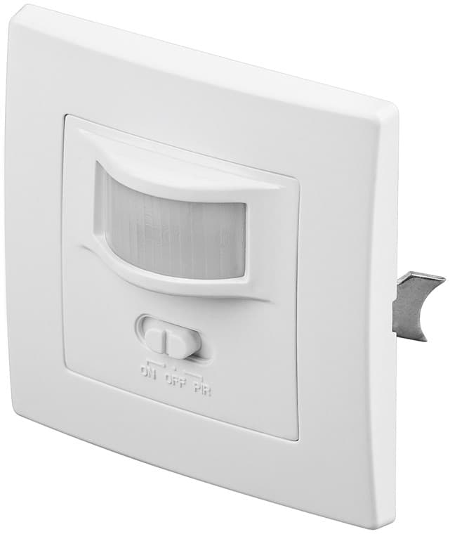 Détecteur de mouvement infrarouge pour montage mural encastré, détection 160°, portée 9 m, pour usage intérieur (IP20), adapté aux LED